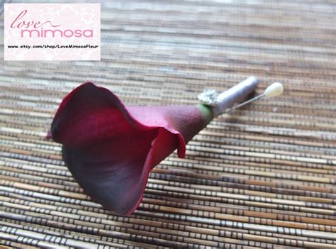 Men S Boutonniere Burgundy Calla Lily With Silver Grey Etsy