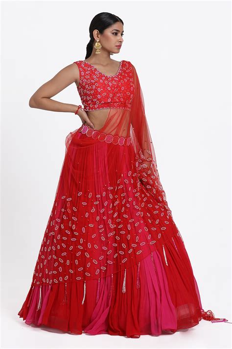 Buy Red Silk Hand Embroidered Cutdana V Neck Mirror Blouse Lehenga Set