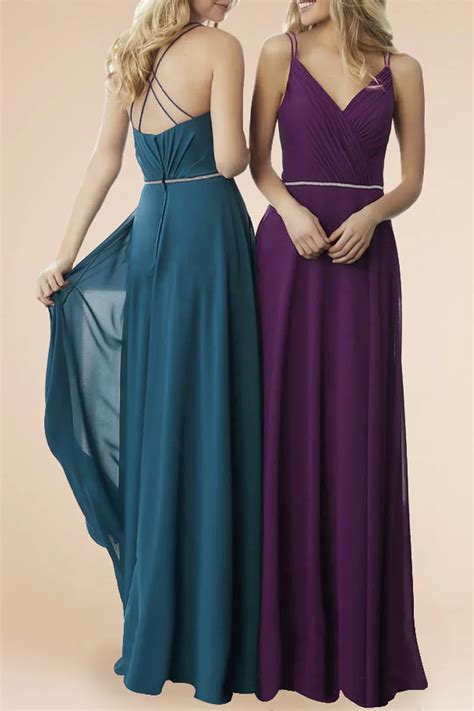 Dark Teal Purple Chiffon Spaghetti Straps Bridesmaid Dresses Vq