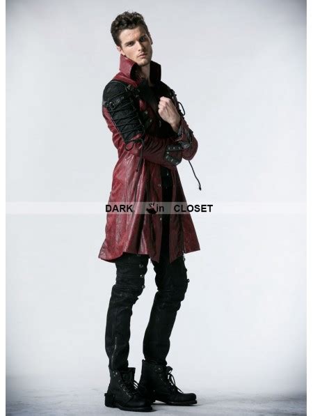 Punk Rave Red And Black Long Sleeves Leather Gothic Trench Coat For Men