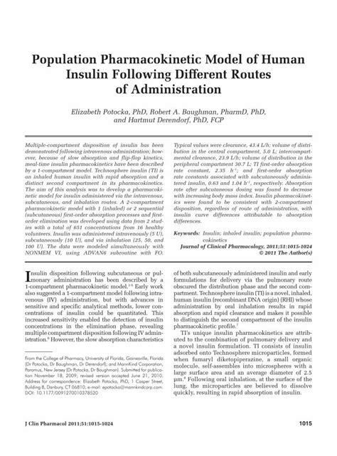 Pdf Population Pharmacokinetic Model Of Human Insulin Following