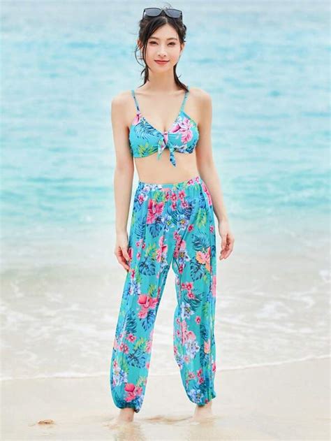 Tropical Print Bikini Swimsuit With Cover Up Pants Shein Usa