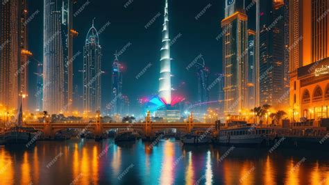 Premium AI Image | A city at night with a burj khalifa in the background