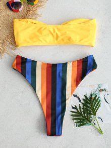 ZAFUL Knot Colorful Stripe Bandeau Bikini Set In RUBBER DUCKY YELLOW