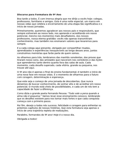 Discurso De Formatura 9 Ano Emocionante