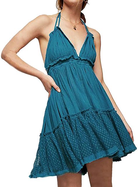 R Vivimos Womens Summer Halter Deep V Neck Sexy Patchwork Mini Short