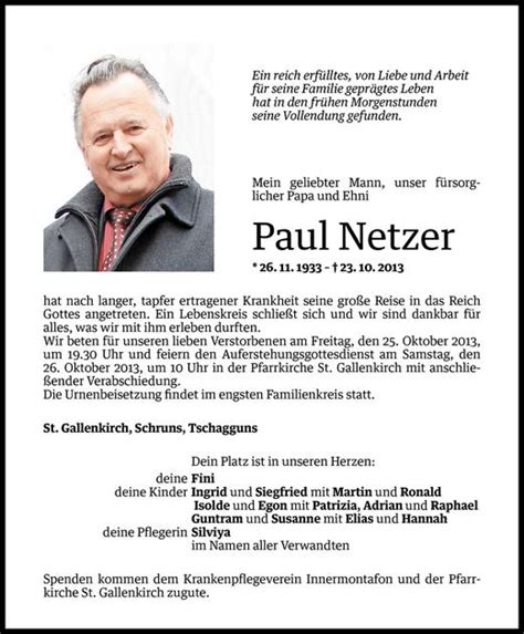 Todesanzeigen Von Paul Netzer Todesanzeigen Vorarlberger Nachrichten