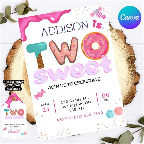 EDITABLE Two Sweet Birthday Invitation 2nd Birthday Girl Donut Invite