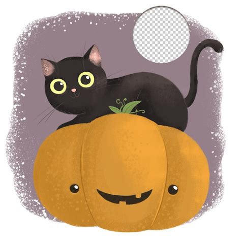 Lindo Gato Negro De Halloween En Estilo Kawaii De Calabaza Tallada