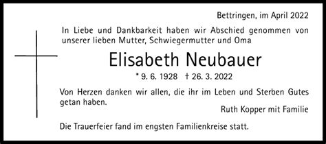 Traueranzeigen Von Elisabeth Neubauer Ostalbtrauer