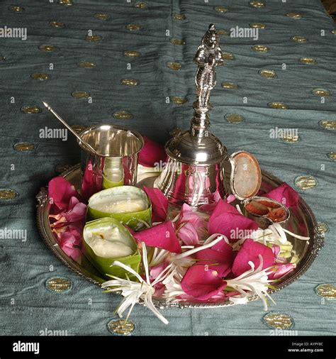 Sub Decorated Pooja Thali Flowers And Offerings To God For Stock