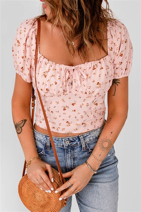 Us 5 8 Pink Floral Square Neck Puff Sleeve Crop Top