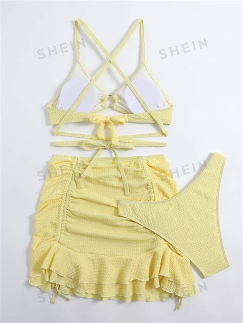 Shein Swim Summer Beach Solid Bikini Set O Ring Detail Criss Cross Bra