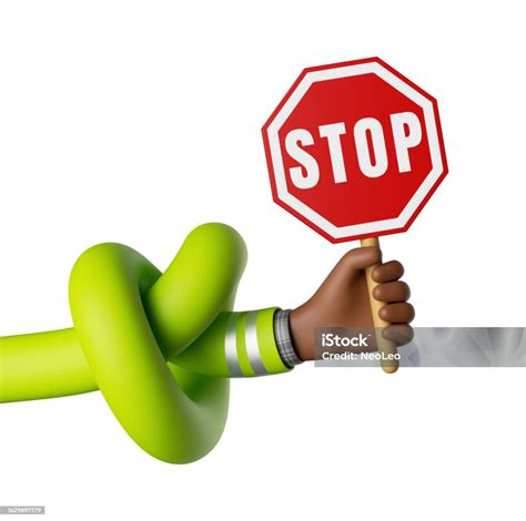 3d Render Funny Cartoon Flexible Knotted Arm Holds Red Stop Sign Banner