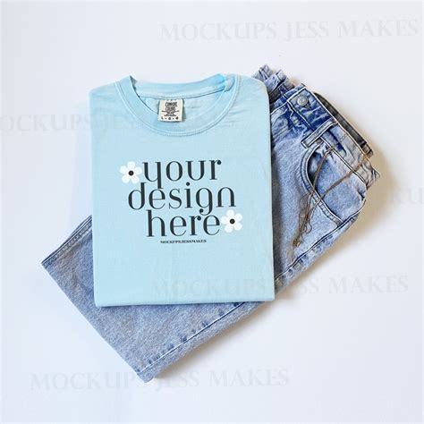 Springtime Chambray Flat Lay Mockup Blue Comfort Colors Mockup