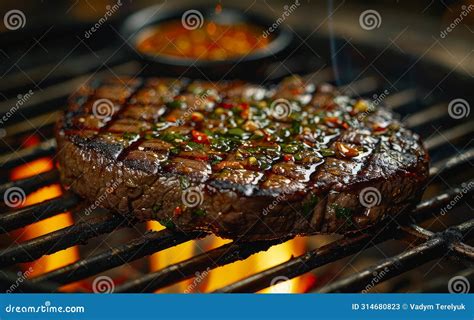 Beef Steak On The Grill With Flames Stock Image Image Of Gourmet