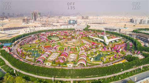 February 28, 2018: Aerial view of The unusual colorful Dubai Miracle ...