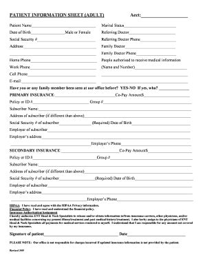 Fillable Online Ent Hns Patient Information Sheet Adult Acct Bentb