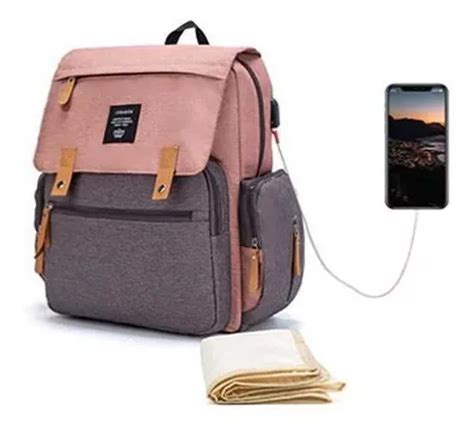 Mochila De Maternidad Multifuncional Lequeen Gris Con Rosa MercadoLibre