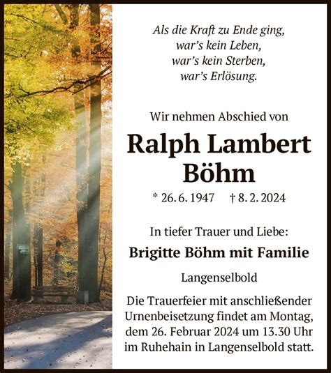 Traueranzeigen Von Ralph Lambert B Hm Trauer Op Online De