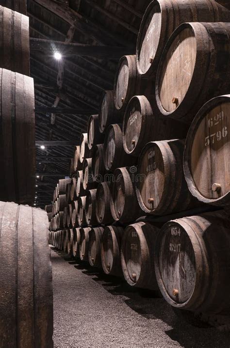 Traditional Wooden Barrels Of Wine Stored In A Wine Cellar Stock Image