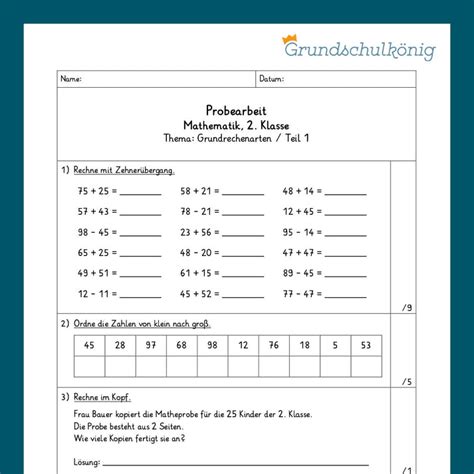 Mathe 2 Klasse Zwei Proben Grundrechenarten Im Zr 100 Grundschulkönig Gmbh