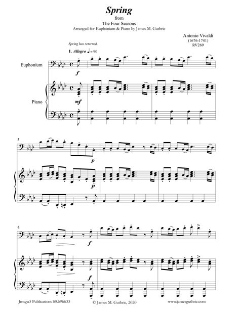 Vivaldi Spring From The Four Seasons For Euphonium Piano Arr James