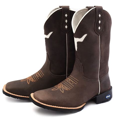 Bota Masculina Texana Em Couro Bico Quadrado Country Montaria