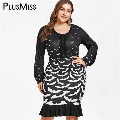 Plusmiss Plus Size Xl Vintage Bat Printed Long Sleeve Bodycon Party