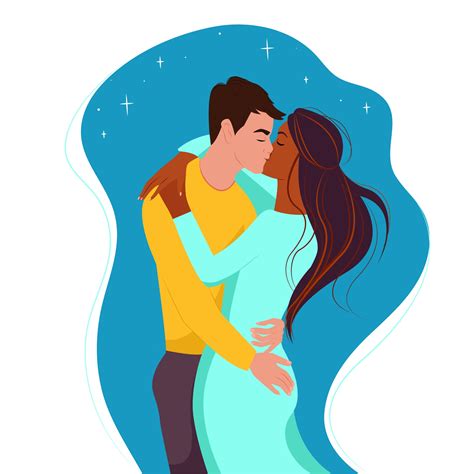 Multiracial Couple White Guy Kisses A Black Girl Two Lovers Vector Illustration In Flat Style