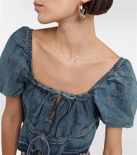 Puff Sleeve Denim Crop Top In Blue Ganni Mytheresa