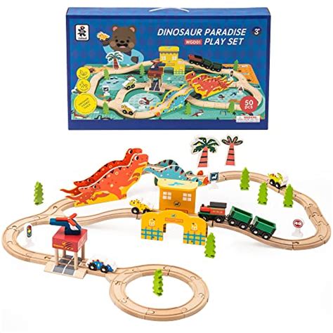 Robud Wooden Train Set Wooden Railway Dinosaur Cars Toy Wooden Train