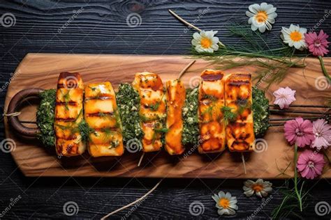 Overhead View Of Grilled Halloumi On Cedar Plank Stock Illustration