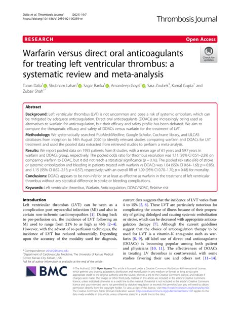 Pdf Warfarin Versus Direct Oral Anticoagulants For Treating Left