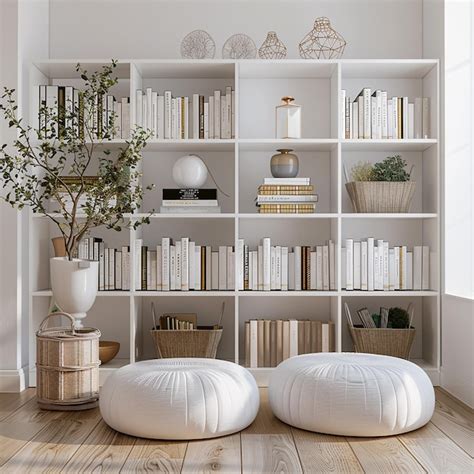 Premium Photo A White Book Shelf With A Chair And A Chair In The