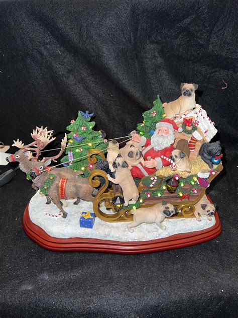 Rare Danbury Mint Pugs Dog Christmas Sleigh With Santa And Deer Lighted