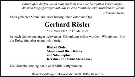 Traueranzeigen Von Gerhard R Sler Trauer Anzeigen De