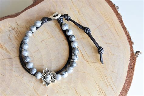 Bohemian Layered Bracelet With Grey Crazy Lace Agate Stone Antique