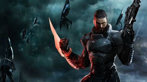 Man Holding Rifle And Red Claw HD Wallpaper Mass Effect Video Games