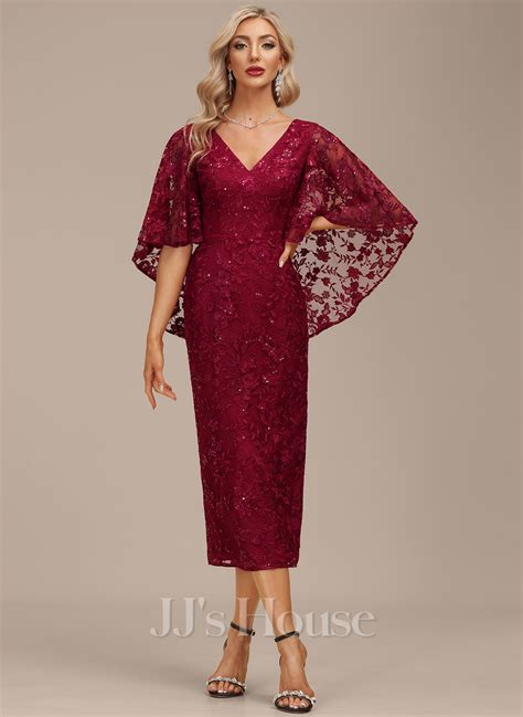 Sheath Column V Neck Tea Length Lace Evening Dress With Sequins