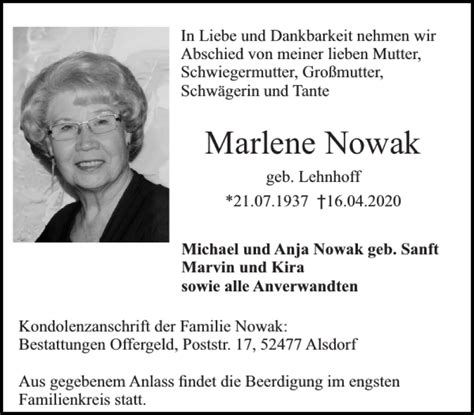 Traueranzeigen Von Marlene Nowak Aachen Gedenkt