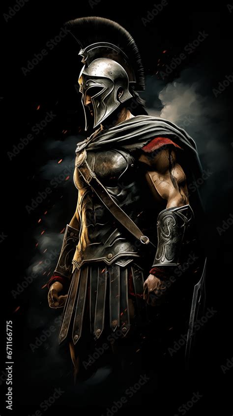 Portrait Of A Brave Spartan Warrior Standing On Dark Background