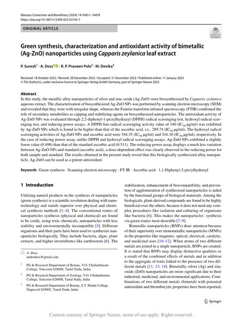 Green Synthesis Characterization And Antioxidant Activity Of