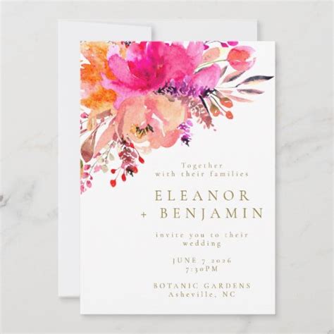 Bright Pink Watercolor Floral Wedding White Invitation Zazzle