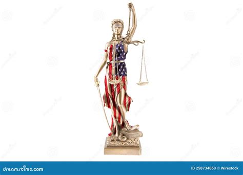 Statue Of Lady Justice In Bronze Wearing The National Flag Of The Usa