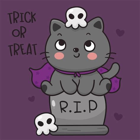 Premium Vector Cat Halloween On Headstone Kawaii Animal