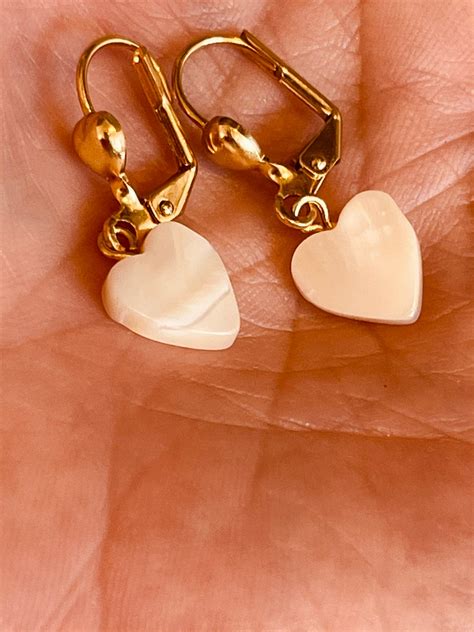 Mother Of Pearl Heart Shape Earrings Drop Dangle Sweetheart Etsy