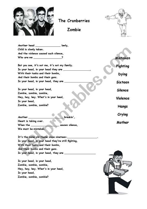 Zombie Lyrics By The Cranberries Esl Worksheet By Jonnyc81