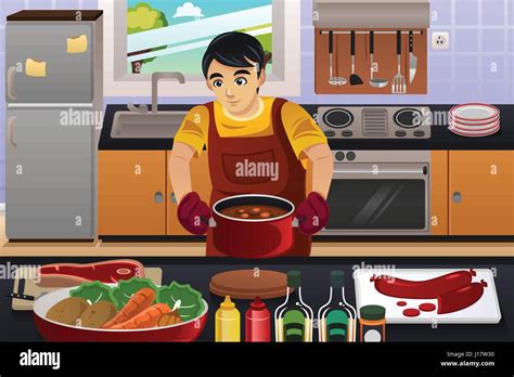 A Vector Illustration Of Happy Man Cooking In The Kitchen Stock Vector