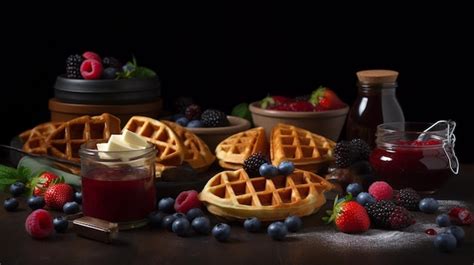 Premium AI Image Delicious Belgian Waffles With Berries Fruits